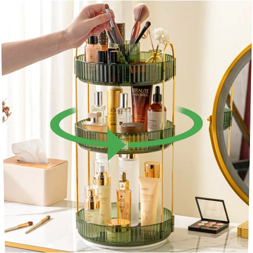 ISAPIFRI 360° Rotating Makeup Organizer for Vanity, 3 Tiers Large Capacity Bathroom Countertop Organizer, Cosmetics Organizer, Spinning Shelf Rack, Fits Makeup Brushes, Skincare, Lipsticks (Green)