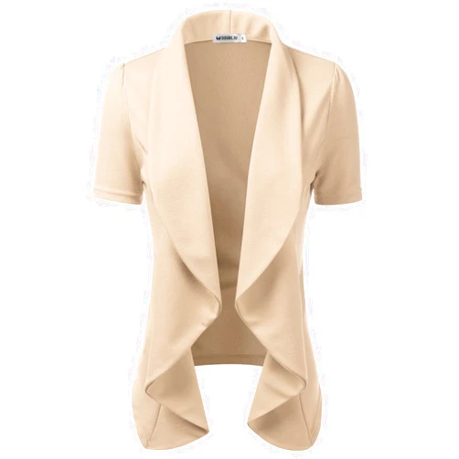 DOUBLJU Casual Draped Ruffles Blazer Short Sleeve Basic Open Front Cardigan Jacket for Womens with Plus Size Work Office Suit Stone