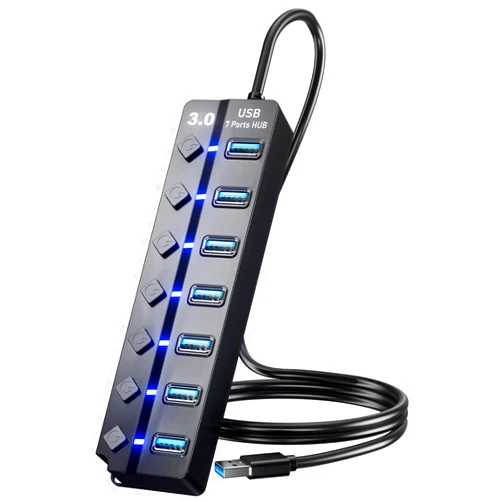 PANPEO USB 3.0 Hub, PANPEO 7-Port USB Data Hub Splitter with 3ft Long Cable USB Extension for Laptop,PC Computer,Surface Pro, PS4/5, Flash Drive, Mobile HDD - with LED Individual On/Off
