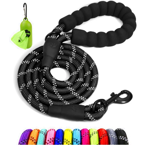 Taglory Rope Dog Leash 5 FT with Comfortable Padded Handle, Highly Reflective Threads Leash for Medium Large Dogs, 1/2 inch, Black
