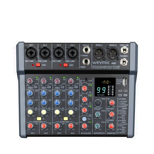 WEYMIC A-Series Professional Mixer for Recording DJ Stage Karaoke Music Application w/ 99 DSP Effect USB Drive for Computer Recording Input, XLR Microphone Jack, 48V Power for Professional (8-Channel)