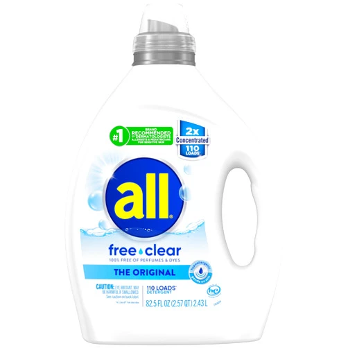 all Liquid Laundry Detergent, Free Clear for Sensitive Skin, Unscented and Hypoallergenic, 2X Concentrated, 110 Loads