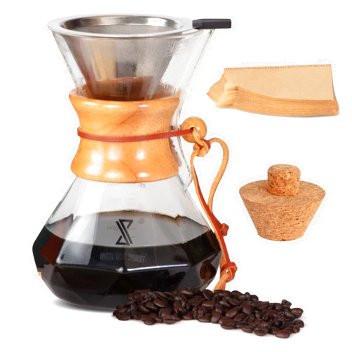 Over The Roast Glass Pour Over Coffee Maker Set - 20oz Borosilicate Carafe, Reusable Stainless Steel Drip Filter and 40 Paper Filters - Modern Wooden Collar and Cork Stopper - Pour-Over Coffee Pot, Gravity Dripper