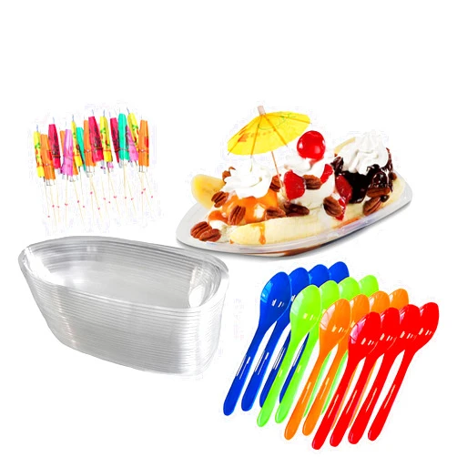 Outside the Box Papers Clear Plastic Banana Split Boats 12 oz.Disposable Dish - Paper Umbrellas - Eco Friendly Plastic Spoons- 16 Each