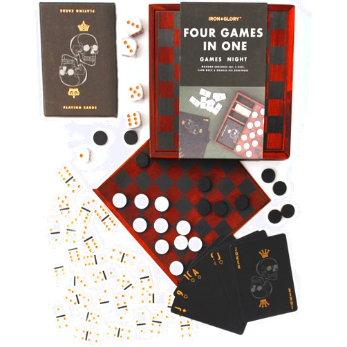 Luckies of London Ltd Iron & Glory Games Night | Wooden Games Compendium with Dice Set, Playing Cards, Dominoes Set & Checkers | 4 in 1 Travel Game for Adults | Adult Board Game | Coffee Table Decor & Living Room Decor