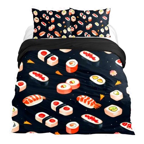 VAPOKF Duvet Covers Set King Size Soft and Breathable Microfiber Comforter Bedding Set 1 Duvet Cover 2 Pillowcase with Zipper Closure for Kids Women Men, Sushi Food Delicious
