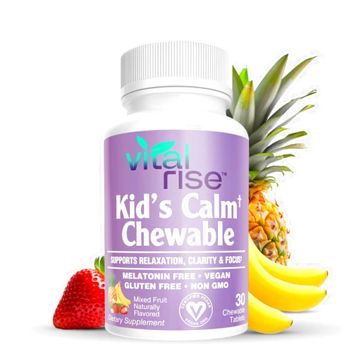 Vital Rise Kids Magnesium Chewable Tablets - Sugar-Free & Melatonin-Free Supplement for Calm, Focus & Healthy Stress Balance with Fast-Absorbing Magnesium + L-Theanine, Mixed Fruit Flavor (60 Count)