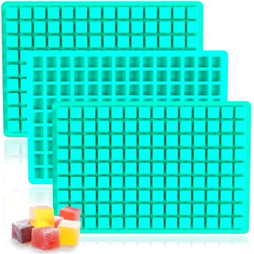 HKNMTT Square Gummy Molds Silicone, Mini Cute Candy Chocolate Keto Molds 3 Pack 126 Cavities Non-stick BPA free Tiny Bite Size Molds for Ice Cube Fruit edible Gummy Mold Easy to Release DIY Candy Making Kit