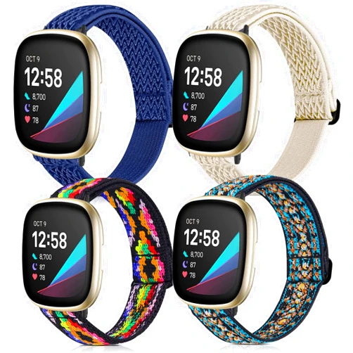 POHNUI 4 Pack Stretchy Bands Compatible with Fitbit Versa 3/Fitbit Versa 4/Fitbit Sense 2/Fitbit Sense Bands Women Men, Adjustable Elastic Breathable Loop Nylon Replacement Straps for Fitbit Sense & Versa 3