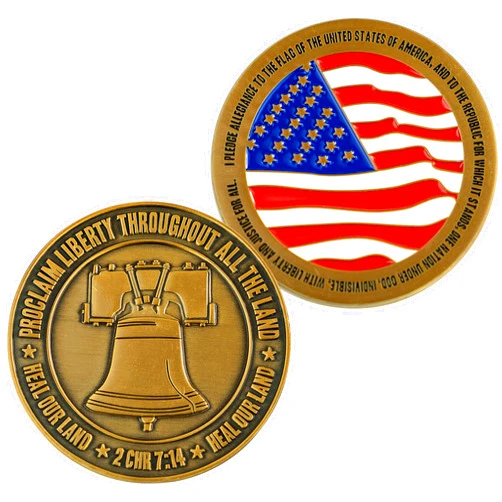 LOGOS COINS Pledge of Allegiance Coin, Liberty Bell & American Flag Patriotic Military Challenge Coin, Heal Our Land, Freedom Christian Religious Antique Gold Plated Prayer Token Gift