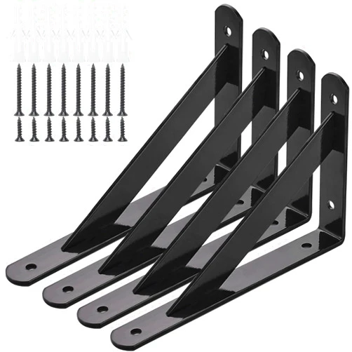LOUFOGEI Heavy Duty Shelf Brackets, 8 in X 5 in Wall Mount L Steel Bracket for Floating Shelf, Black, 4 Pack