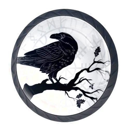 DJROW Black Crow Sitting On Branch of Oak Tree and Scandinavian Runes Cabinet Dresser Knobs 4 Pcs Drawer Door Pull Handles for Kitchen Bathroom Unique Drawer Knobs