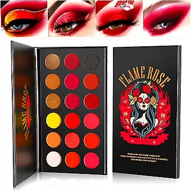 Afflano Red Eyeshadow Palette Highly Pigmented, AFFLANO Long Lasting True Red Eye Shadow Halloween Makeup Pallet 18 Color,Waterproof Matte Shimmer Brown Black Yellow Sunset Warm Fall Eye Shades, Cruelty Free red eye shadow -Flame Rose 18 colors