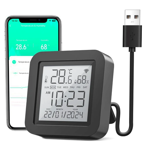 GHome Smart WiFi Thermometer Hygrometer, Indoor Temperature Humidity Sensor Electronic Ink Display IR Control, App Notification Alert, Free Data Storage Export