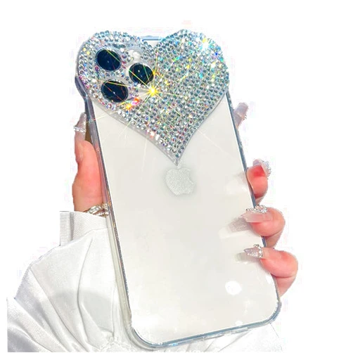 HPHRE Clear Glitter Case Compatible with iPhone 13 Pro Max, 3D Heart Design Phone Cover Girly Bling Diamond Rhinestone Sparkle Loving Hearts Slim Fit Soft Shockproof Protective for Women Girls
