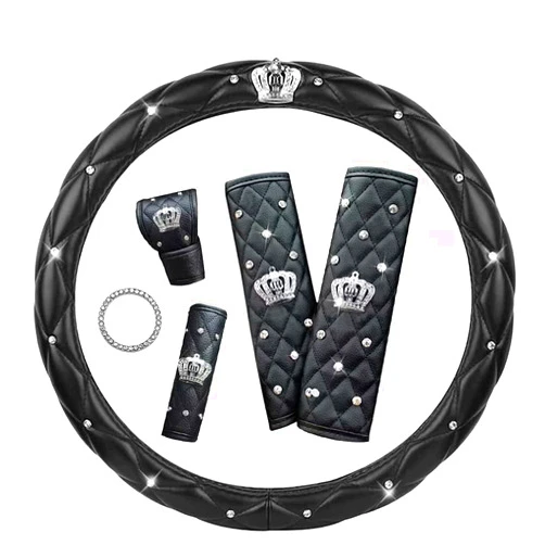 Coofig Bling Crown Car Accessories Set for Women Girls,Bling Diamond Steering Wheel Cover + 2pcs Car Seat Belt Cover + Gear Shift Cover + Handbrake Cover + Button Ignition knob Car Bling Crown Decor