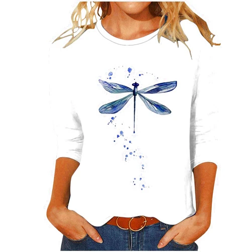Generic Summer Tops Women Cute Dragonfly Print Tee Plus Size 3/4 Sleeve Crewneck Tunic Blouse Regular Fit Daily Tshirt Ladies Outfits