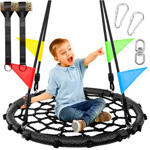 Odoland Spider Web Tree Swing, Outdoor Saucer Net Swing, 900D Oxford Platform Swing for Kids Adult, Backyard Round Flying Swing with Hanging Ropes Straps and Turnbuckle 24in Black