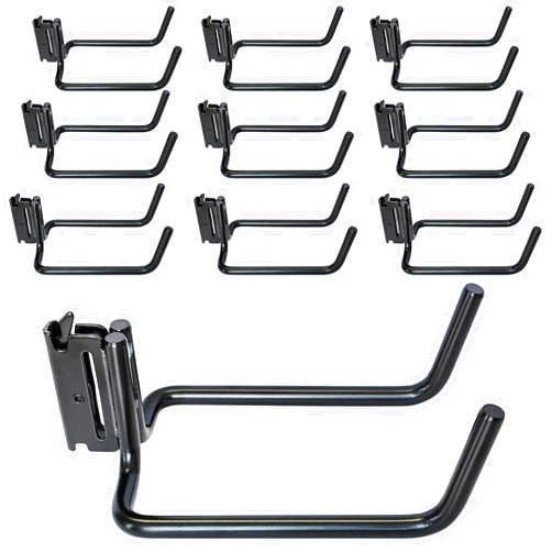 MorScan 10 Pack E Track Double J Hooks, Heavy Duty Black Large Steel Shovel/Tool Hanger for Store Long Handled Tools, E Track Tie Down Accessories for Trailers, Trucks, Garden Tools Organizers Storage