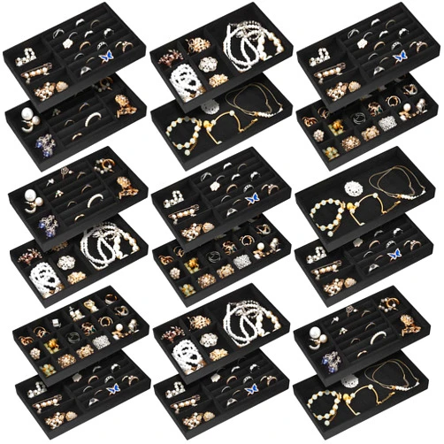 Junkin 18 Pcs Velvet Jewelry Tray Stackable Jewelry Drawer Organizer Jewelry Box Divided Display Tray for Earring Bangle(Black)