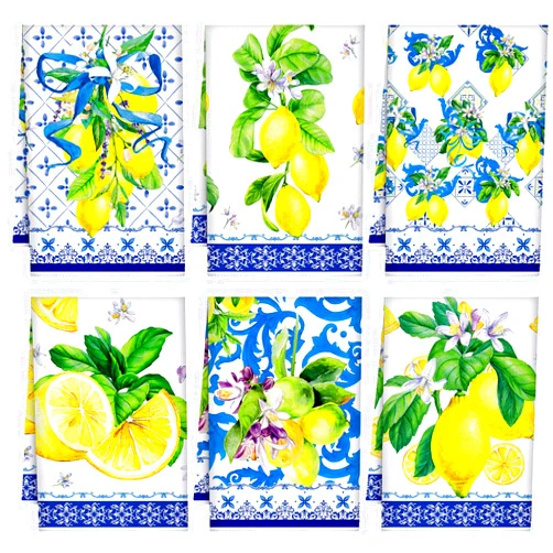 Geyoga 6 Pieces Blue and White Lemon Kitchen Towels Set Absorbent Dish Towels Decorative Tea Washcloth for Spring Summer Kitchen Bathroom Home Decor, 16 x 24 Inch (Blue, White)