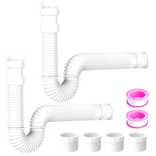Oblectatio Flexible P-Trap Kit for Kitchen and Bathroom Sinks - 2 Pack, Adjustable Drain Pipe with Adapter Seal Ring, Expandable 1 1/2