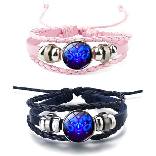 Rozozo 2Pcs Twelve Zodiac Leather Bracelet - Adjustable Zodiac Jewelry Accessory