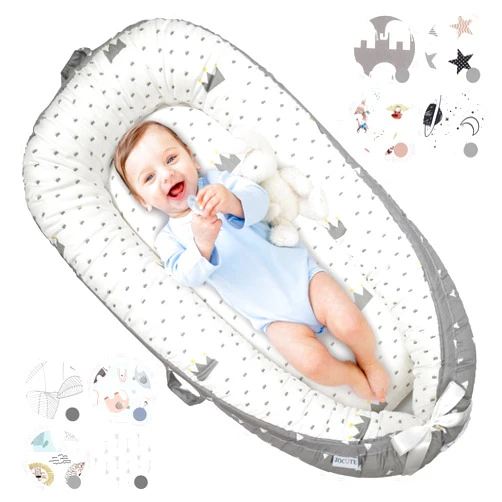 JOCUTE Baby Lounger for Newborn Cover - Newborn Lounger for 0-12 Months, Breathable & Portable Infant Lounger - Adjustable Cotton Soft Baby Floor Seat for Travel, Newborn Essentials -Crown