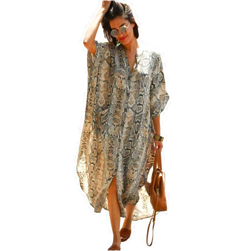Anna-Kaci Women Bikini Cover Up Lose Pockets Bluse Collar Maxi Dress