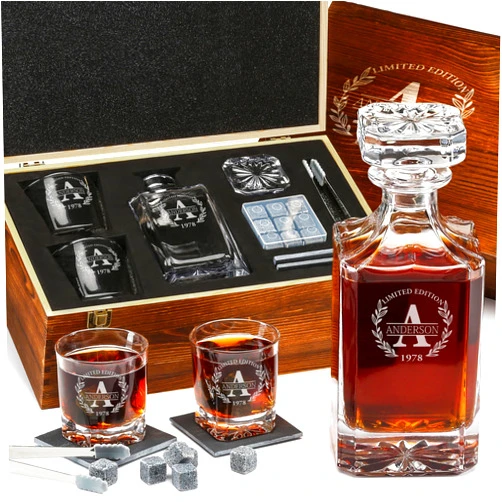 Frolk Personalized Whiskey Decanter and Stones Set - Customized Gift for Him - Men, Dad, Father - Engraved Square Classic Decanter, Glasses, Granite Stones in Container, Coasters, Tongs in Wooden Gift Box