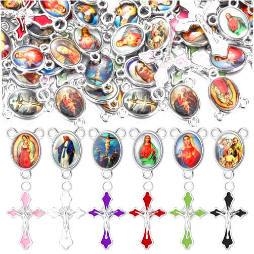 Trnayi 200 Pcs/ 100 Sets Rosary Making Kits Supplies Cross and Center Medal Charm Alloy Picture Religious Charms Crucifix Pendant for DIY Jewelry Making Prayer Bracelet Necklace Earring