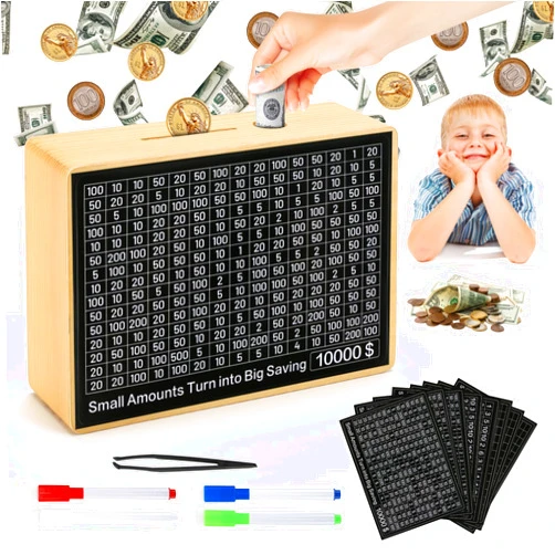 MAMGRROAT Cash Vault Wooden Money Box，Wooden Money Box with 8 Saving Targets，One Piece Cash Vault Wooden Savings Box Coin Money Savings Box with Counter ，Gift for Adults Kids Boys Girl (Wood Color)