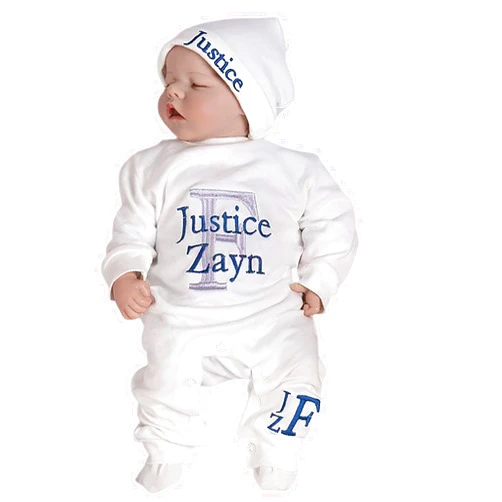 Handmade Personalized Baby Romper Hospital Gown Newborn Baby Coming Home Outfit with Custom Embroidery Name and Initial Infant Baby Sleeper Set Sleepwear Gift for Baby Shower (Style A)