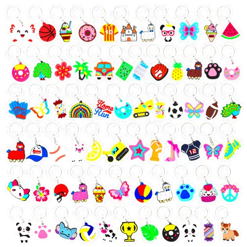 SUNBAK 70PCS Cartoon Keychains Bulk for Kids Party Favors, Backpack Keychains Candy, Donut, Ball, Cartoon Animal Axolotl, Sloth, Hawaii Styles keychains for School Day, Classroom Prizes, Birthday Party
