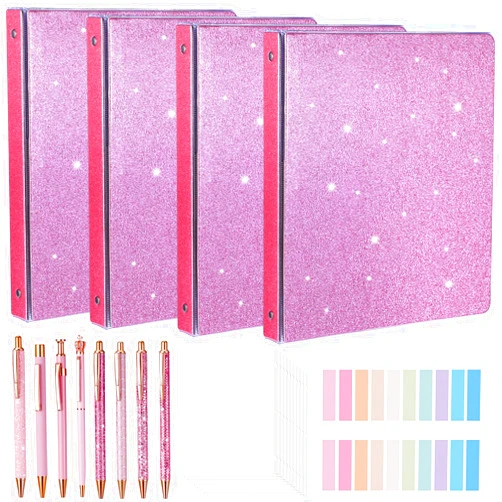 Qilery 4 Pcs Pink Binder, 3 Ring Binder Glitter 10.24'' x 11.42'' Pink 1 Inch Binder with 100 Sheet Protectors 8 Pink Ballpoint Pen and 4 Pack Index Stickers School Organizer Office Supplies Gifts