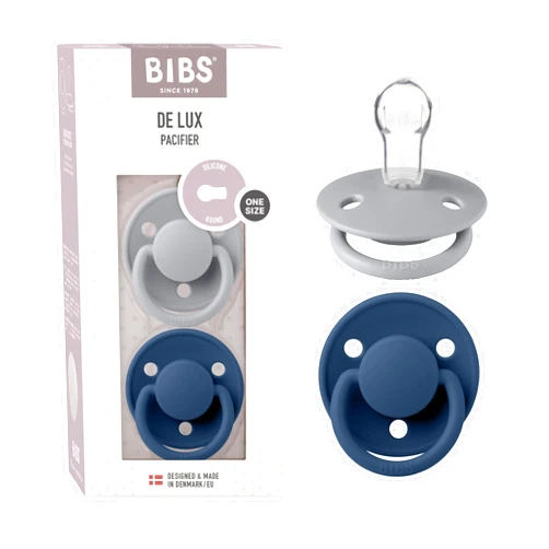 BIBS De Lux Baby Pacifier 2-Pack | Made in Denmark | BPA Free Dummy Soother, Round Nipple. Silicone, OneSize (0-36 Months), Cloud/Steel Blue