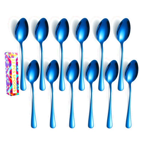 KITWARE Blue Teaspoons Silverware, Set of 12 pcs Dinner Spoons, 6.8 inch Stainless Steel Flatware Cutlery, Home Kitchen Outdoor Utensils, Appartment Essential Tableware