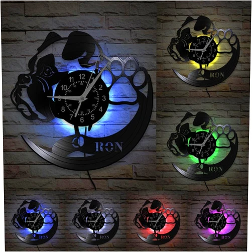 TIMEGLOW Pug Dog Wall Clock Custom Dog Name, 12 Inch 7 Colors Luminous Pet Puppy Dog Animal Wall Clock, Silent Quartz Non Ticking Modern Decorative Night Light Vinyl Record Wall Clock for Kids Room