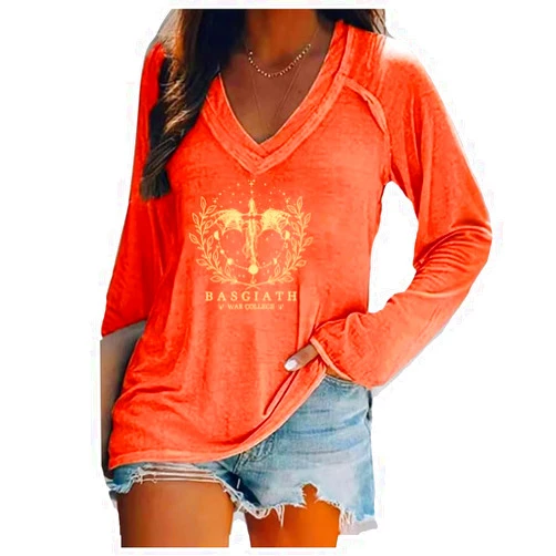 MIOJKSE Women Basgiath War College T Shirt, V Neck Fourth Wing Shirt, Long Sleeve Tshirt Casual Tee Summer Soft Shirts