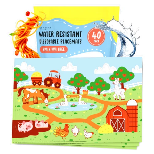 CENTRAL 23 Disposable Placemats for Baby - Set of 40 Stick On Placemats for Kids Disposable - Farmyard Animals - Sticky Table Mats for Babies High Chair Airplane Restaurant Travel - by Central 23