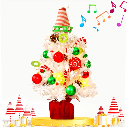 BSTDECOR Mini White Christmas Tree, Small Flocked Christmas Tree with Lights and Music Tabletop Artificial Pre-lit Xmas Tree Christmas Decorations Indoor Outdoor for Home Decor Party Gifts