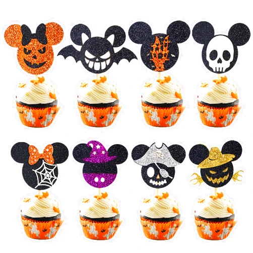 Wolpark 24pcs Mini Mouse Halloween Cupcake Toppers Glitter Halloweem Cupcake Picks Spooky Skeleton Witch Hat Pirate Bat for Micky Halloween Decorations Mouse Theme Baby Shower Birthday Party Supplies