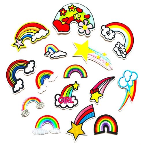 Mextsio 15PCS Rainbow Themed Embroidered Iron on Patches, Colorful Assorted Star Rainbow Sew on Embroidery Applique Patch, Creative Patches for Clothes Backpack Jeans Hats Bag DIY Sewing Craft Decoration