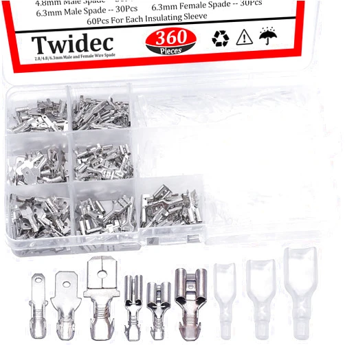Twidec/360Pcs 2.8/4.8/6.3mm Quick Splice Male and Female Wire Spade Connector Crimp Terminal Block Assortment Kit with Insulating Sleeve for Electrical Wiring Car Audio Speaker