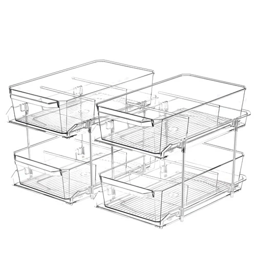 LANDNEOO 2 Set, 2 Tier Clear Organizer with Dividers for Cabinet / Counter, MultiUse Slide-Out Storage Container - Kitchen, Pantry, Medicine Storage Bins, Bathroom, Vanity Makeup, Under Sink Organizing