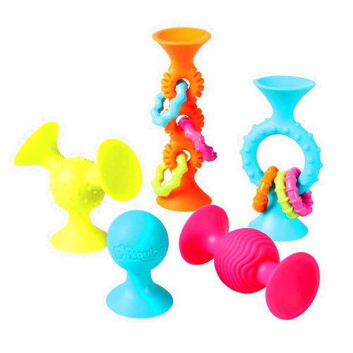 Fat Brain Toys PipSquigz Combo Set - 2 PipSquigz Loops, 3 Rattling Pip Squigz, Zippered Storage Case -BPA-Free Silicone Fidget Toys for Girls and Boys