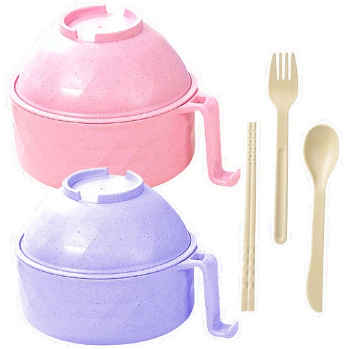 CD HOME 2 Pack Microwave Ramen Bowl,Ramen Bowl Set,Ramen Bowl With Chopsticks and Spoon, College Dorm Room Essentials for Girls for Boys, Apartment Essentials, BPA-Free(Pink Purple)