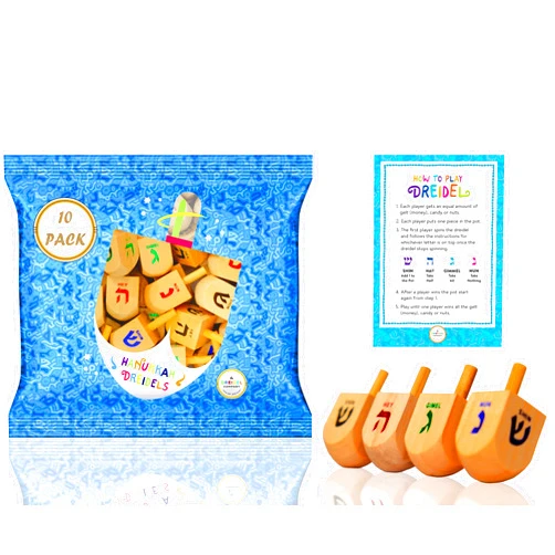 The Dreidel Company Wood Hanukkah Dreidels with English Transliteration & Instruction Cards (10-Pack)