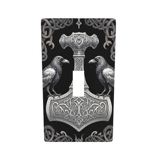 Retelly Mjolnir and Ravens Norse Mythology Symbol Decorative Rocker Switch Wall Plate - Durable PC Material
