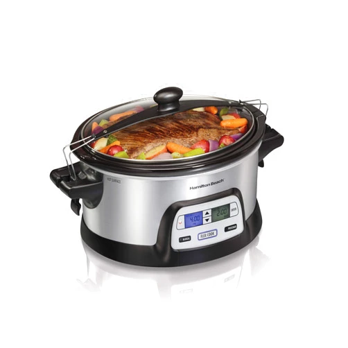 Hamilton Beach 33861 Portable Programmable Slow Cooker, Dishwasher Safe Crock, 6 Qt, FlexCook Dual Digital Timer/2 Heat Settings, Lid Lock for Easy Travel, Silver